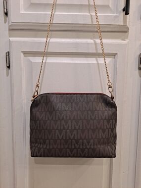 MKF Mia K Farrow Brown Tan "M' Monogram Crossbody Bag Red Trim Gold Chain Strap